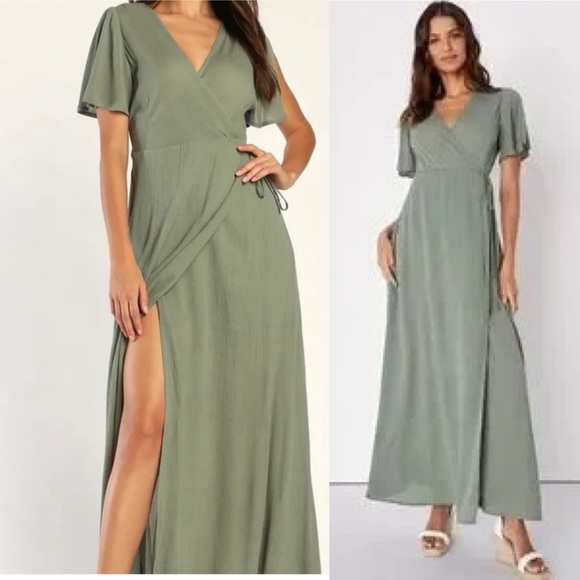 Lulus Maxi Dress Much Obliged Wrap Size XL Olive Green  Boho Romantic Formal - Picture 1 of 6